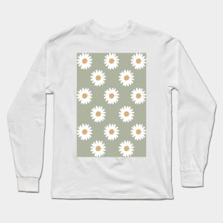 muted green neutral camel daisy flower floral pattern Long Sleeve T-Shirt